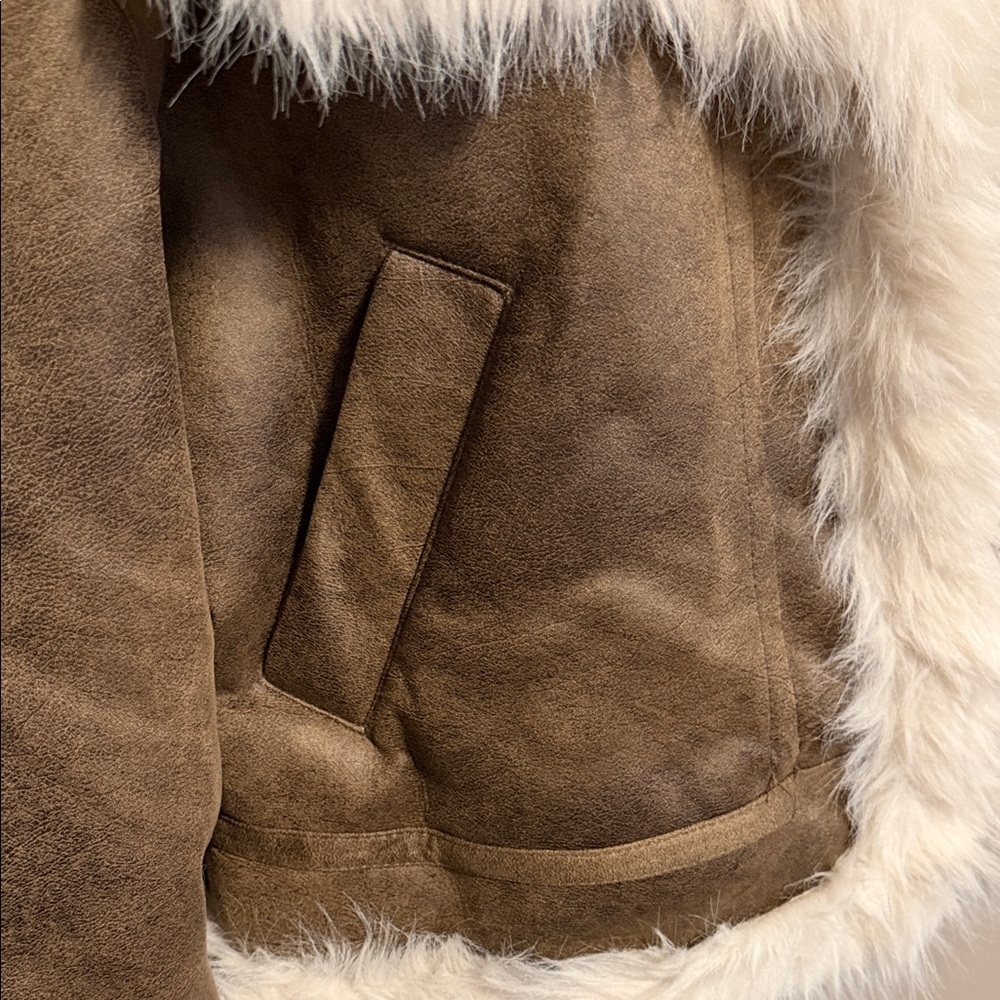 Women's Brown and White Faux Fur Jacket - Picture 5 of 6